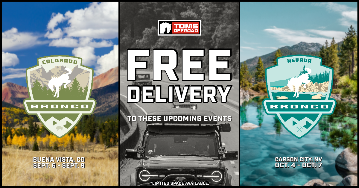 Ford Bronco graphic depicting free delivery to Colorado and Nevada landscapes for the Bronco Super Celebration events.